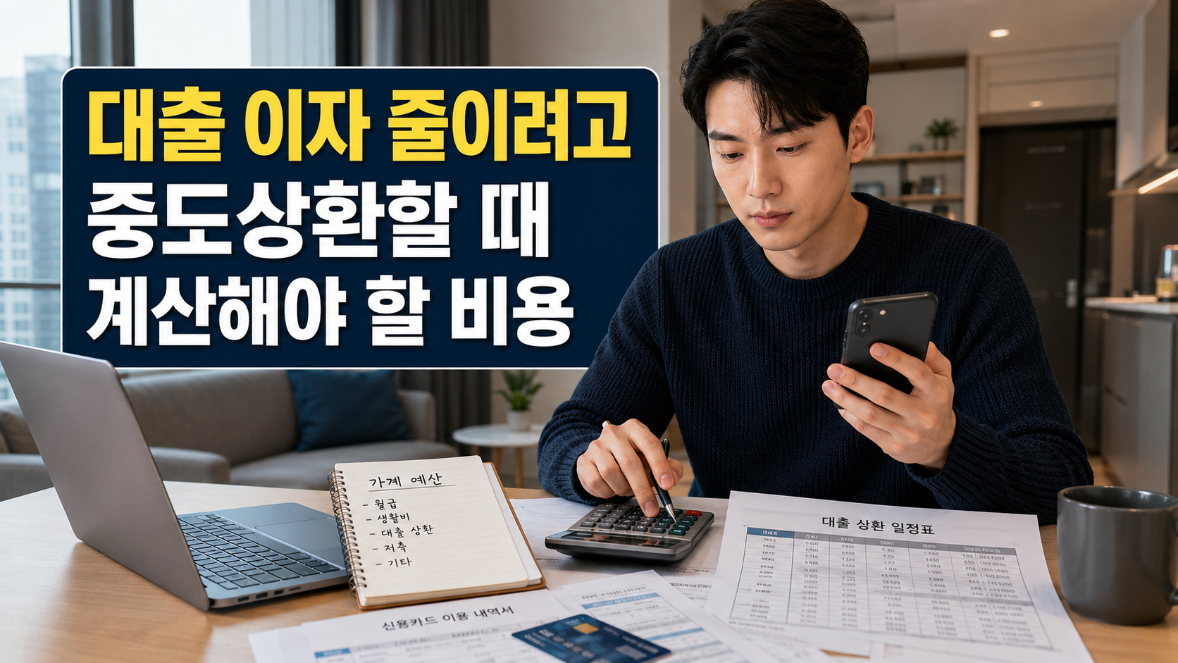 한국의 20대 직장인이 대출 중도상환 전 이자 절감과 비용을 계산하며 고민하는 장면