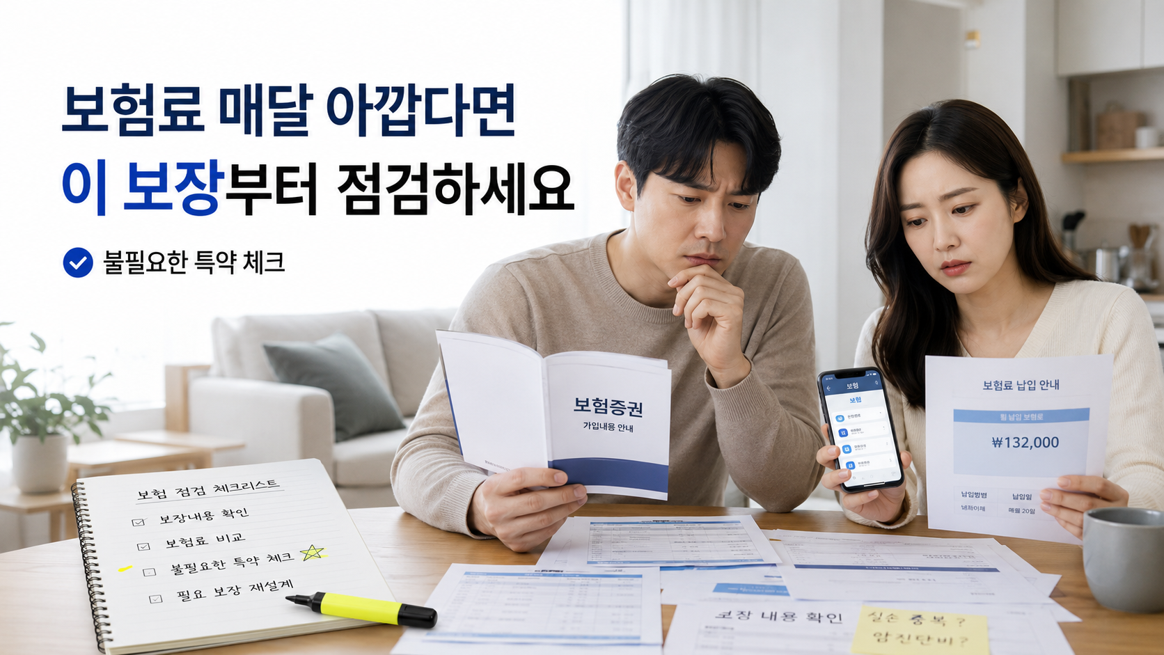보험료가 아깝게 느껴질 때 보장 항목을 점검하는 한국인 부부