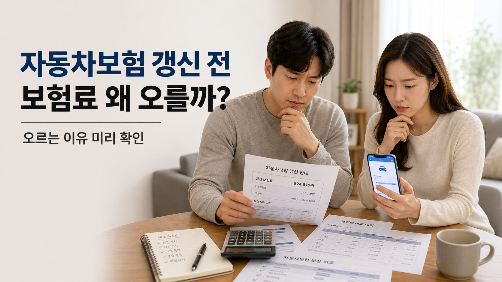 자동차보험 갱신 전에 보험료가 오르는 이유를 확인하는 한국인 부부
