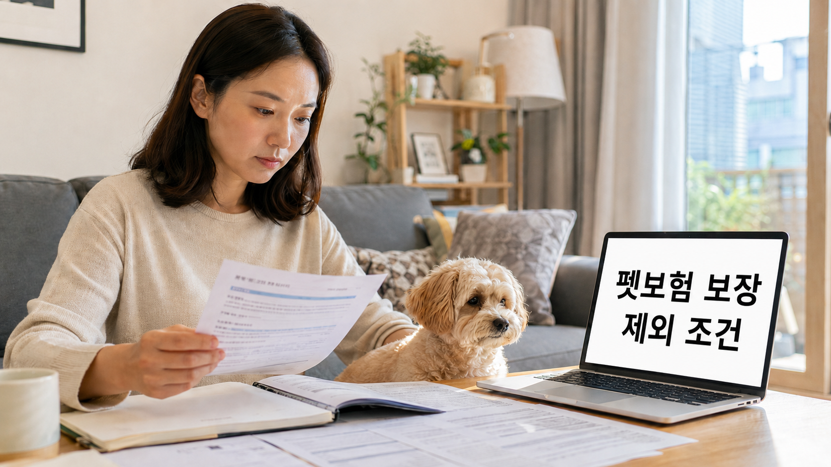 한국인 보호자가 소형견과 함께 펫보험 보장 제외 조건을 확인하는 모습