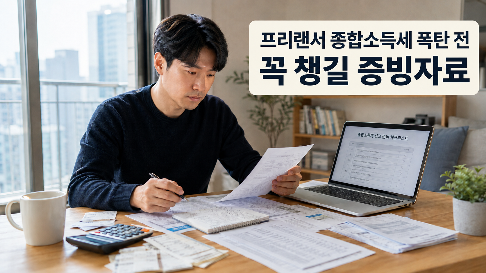 한국인 프리랜서가 집 홈오피스에서 종합소득세 증빙자료를 정리하는 모습