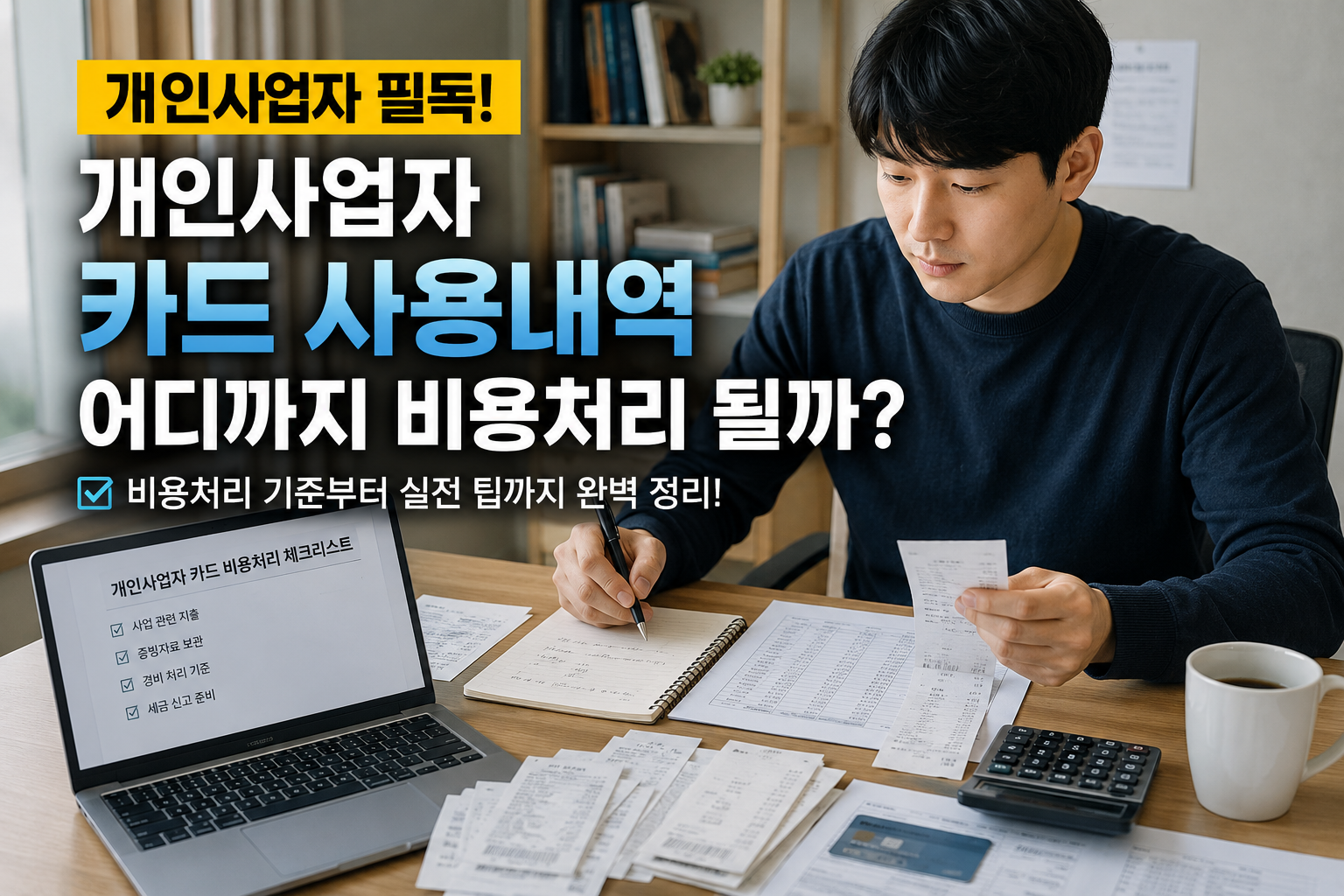 한국인 개인사업자가 홈오피스에서 카드 사용내역과 비용처리 기준을 확인하는 모습