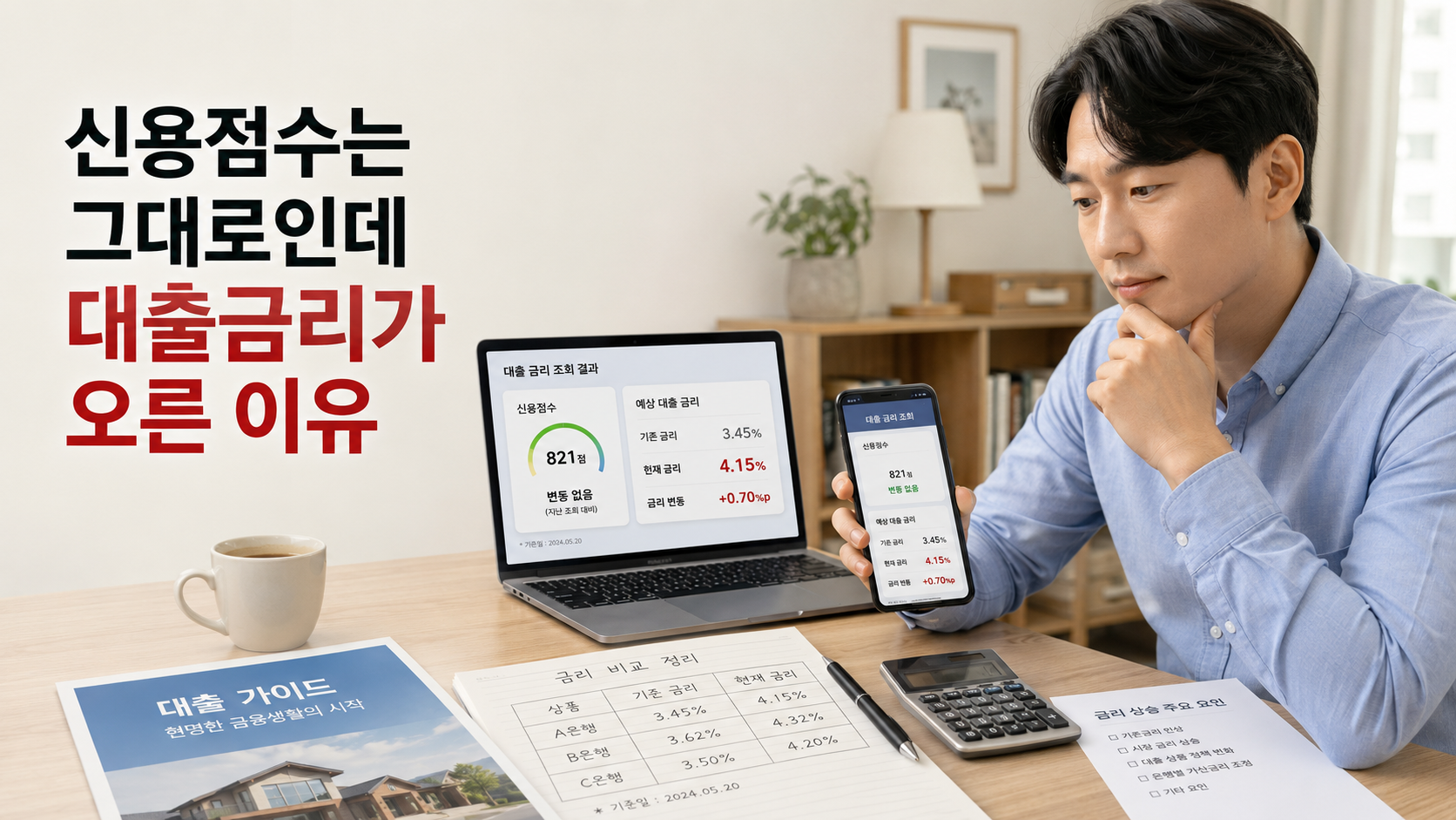 신용점수는 그대로인데 대출금리가 오른 이유를 확인하는 한국인 직장인 썸네일 이미지