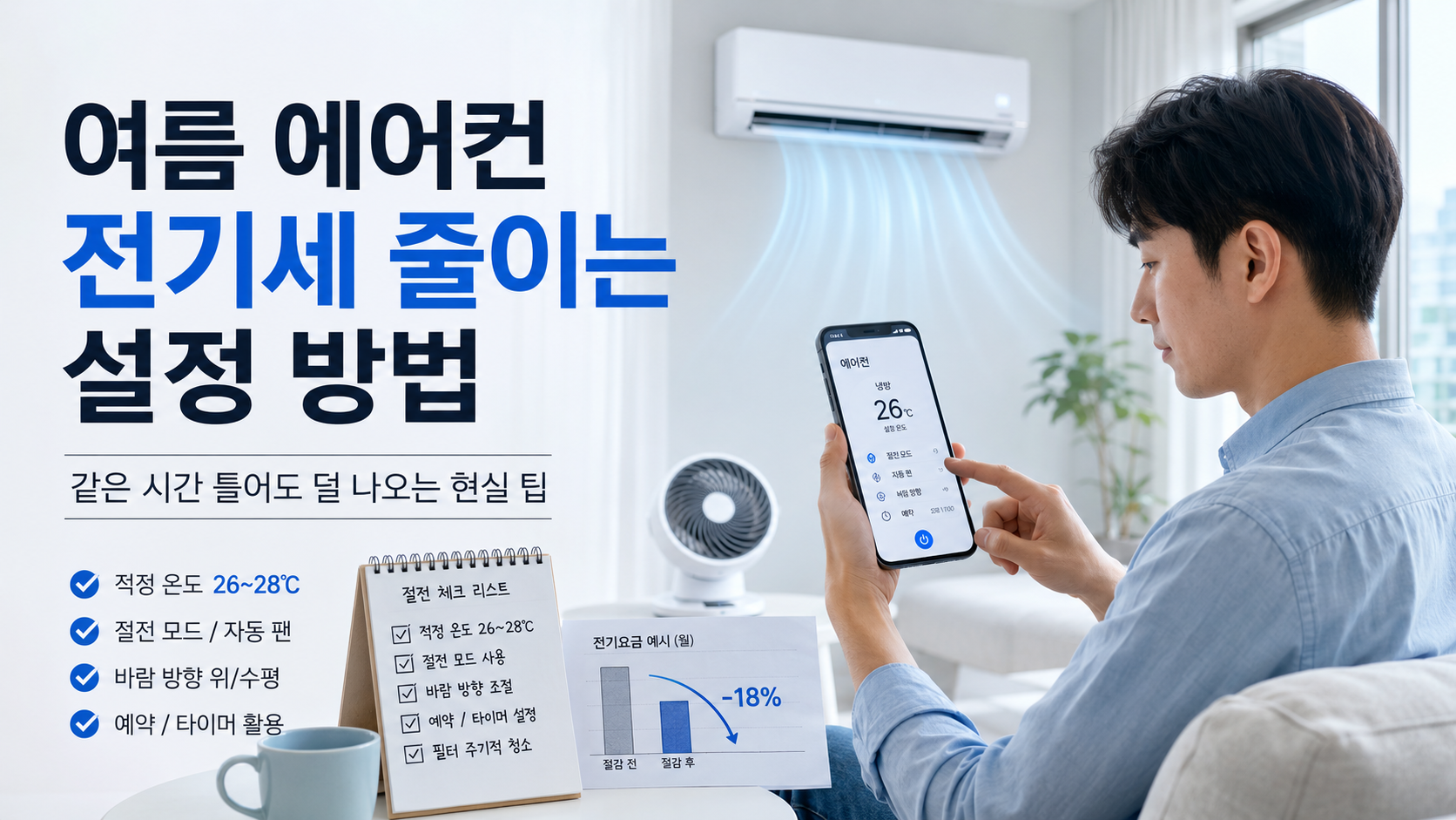 여름 에어컨 전기세 줄이는 설정 방법을 안내하는 한국형 블로그 썸네일 이미지
