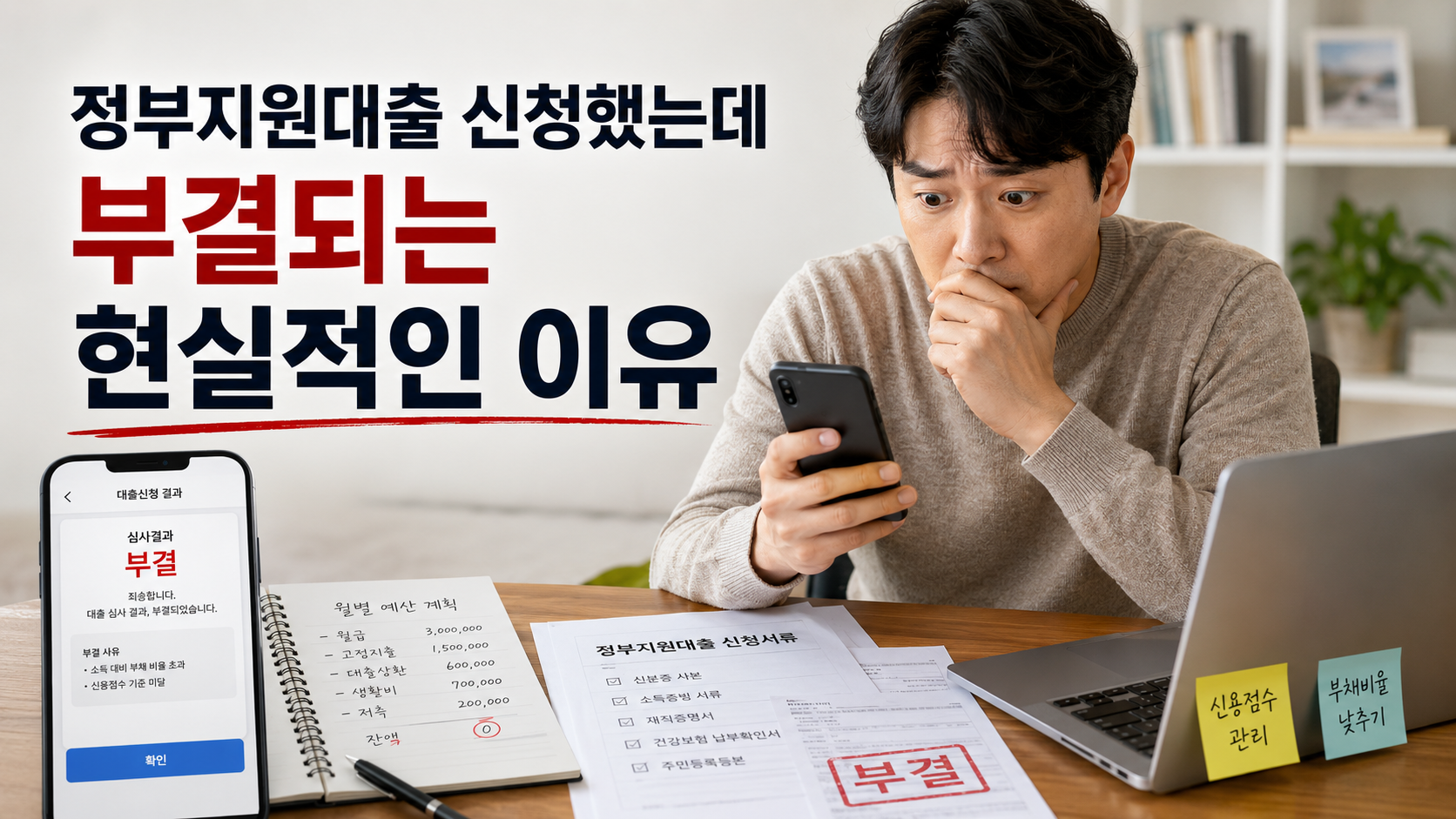 정부지원대출 신청 후 부결 이유를 확인하는 30대 한국인 남성 썸네일 이미지