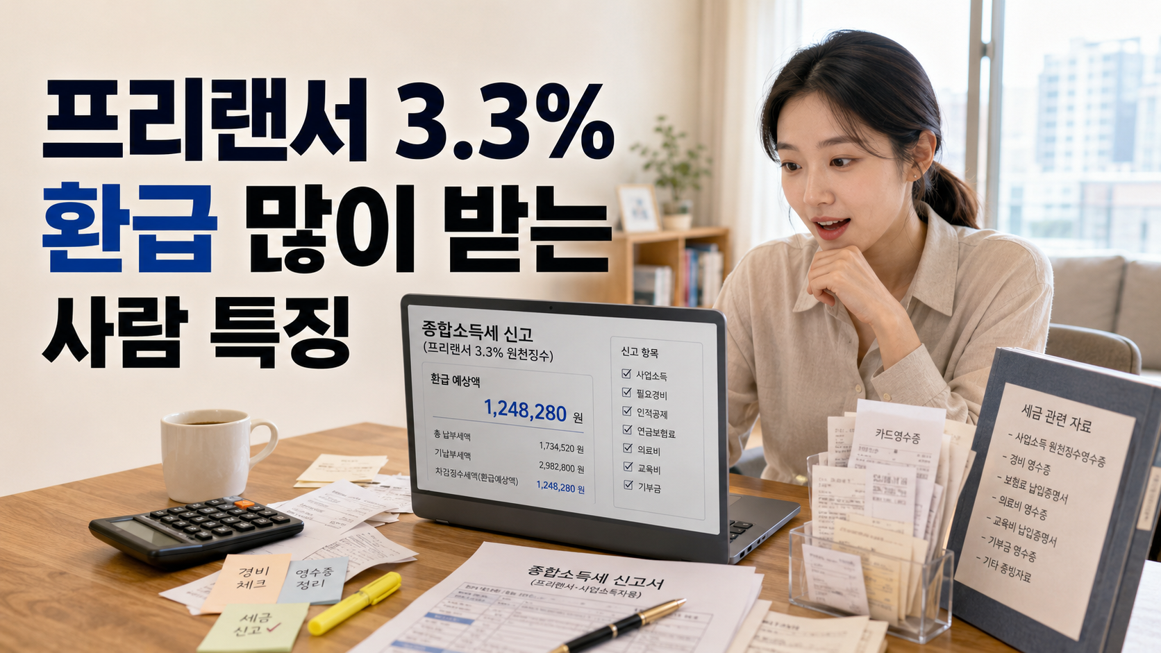 프리랜서 3.3% 환급 많이 받는 사람 특징을 보여주는 한국인 여성 썸네일 이미지