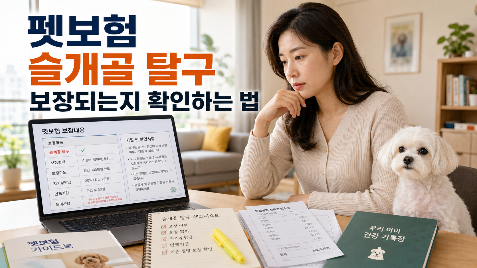 펫보험에서 슬개골 탈구 보장 여부를 확인하는 한국인 여성과 소형견 썸네일 이미지