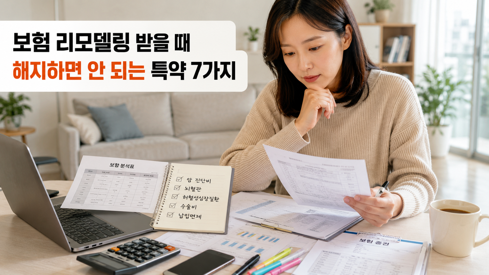 보험 리모델링 받을 때 해지하면 안 되는 특약 7가지를 확인하는 한국인 여성 썸네일 이미지