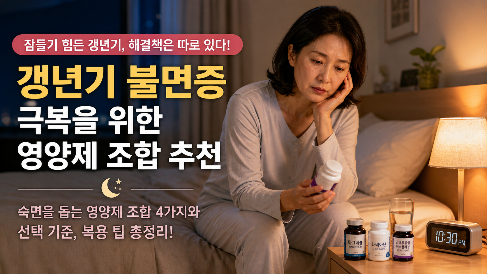 갱년기 불면증 극복을 위한 영양제 조합 추천 내용을 담은 블로그 썸네일