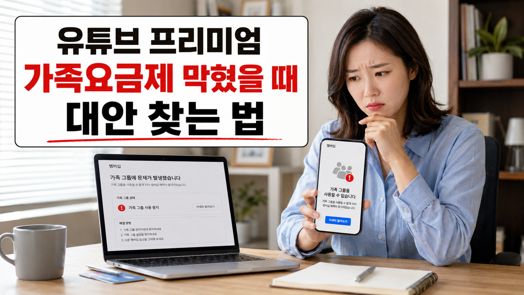 유튜브 프리미엄 가족요금제가 막혀 대안을 찾는 한국인 여성 썸네일 이미지