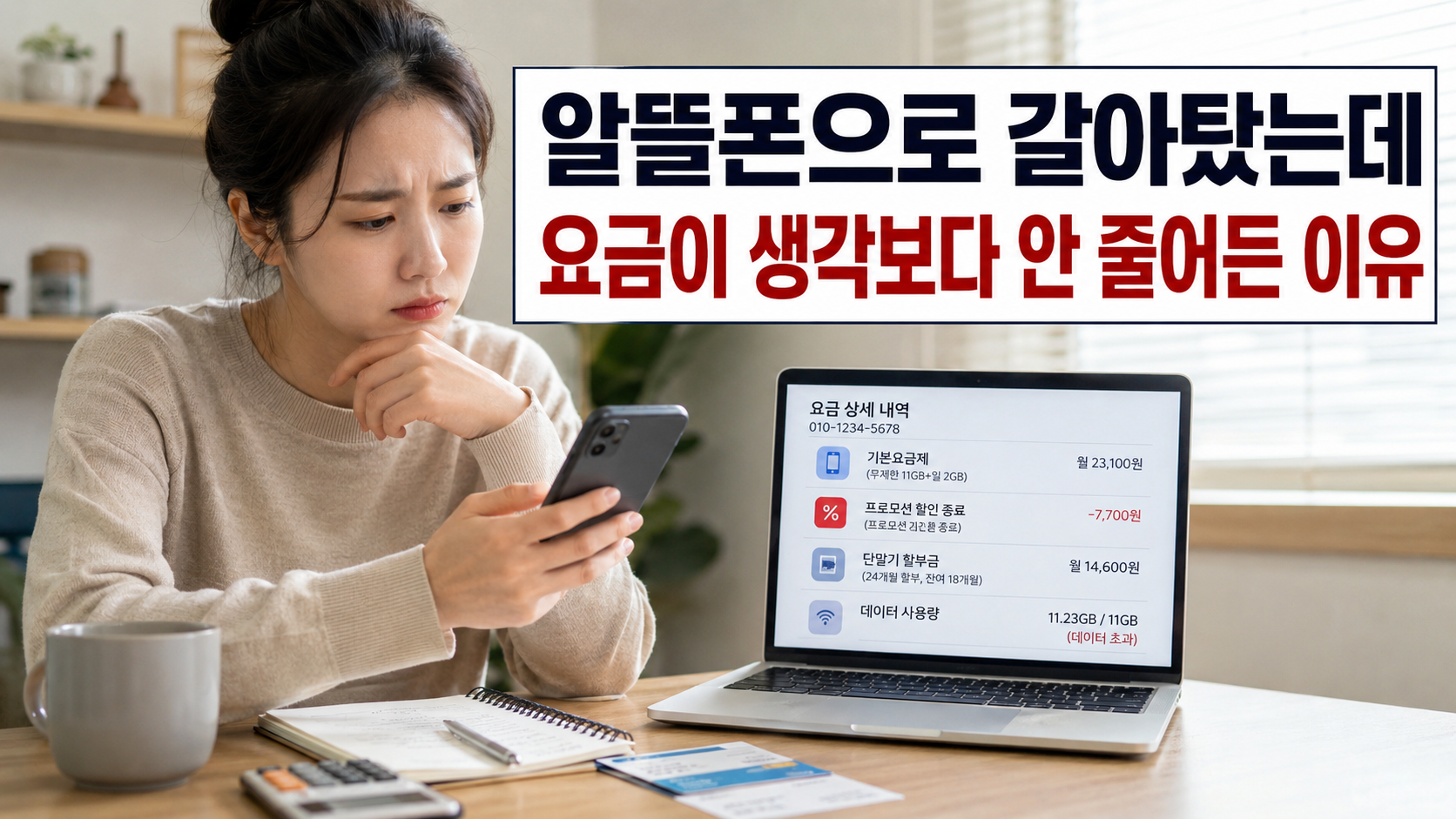 알뜰폰으로 갈아탔는데 휴대폰 요금이 생각보다 줄지 않아 확인하는 한국인 여성 썸네일 이미지