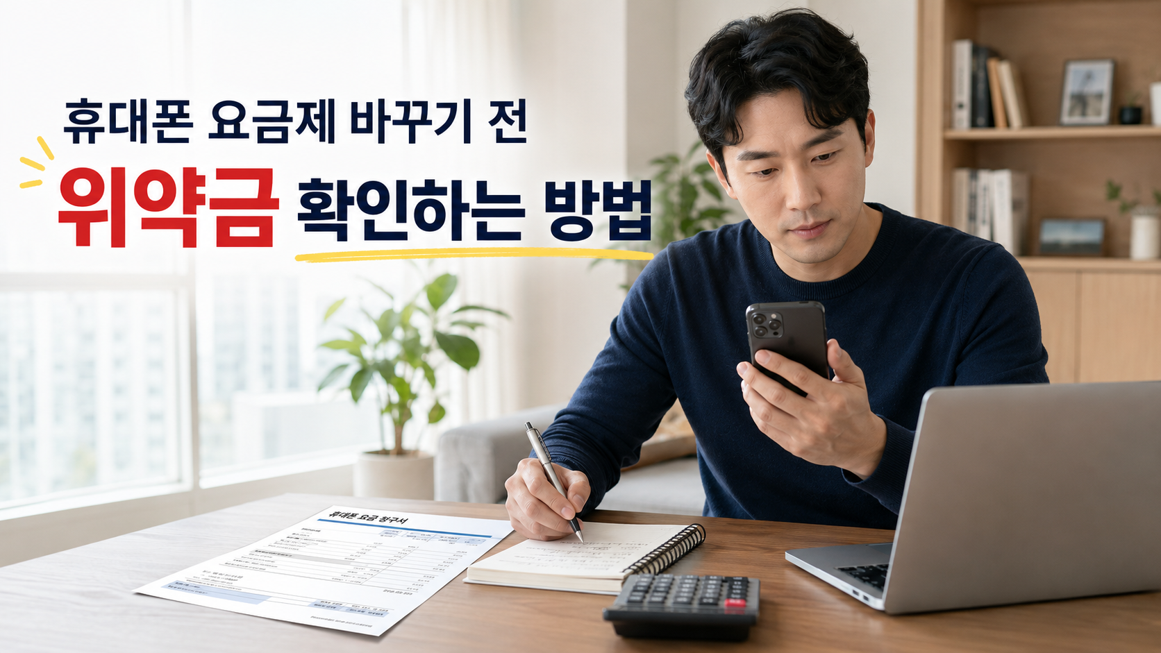 휴대폰 요금제 바꾸기 전 위약금을 확인하는 한국인 직장인의 모습