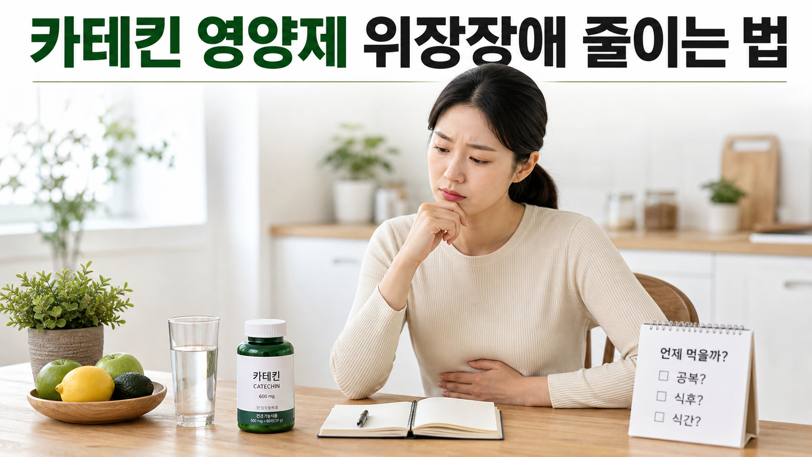 카테킨 영양제 위장장애 줄이는 방법을 고민하는 한국인 여성의 건강관리 썸네일