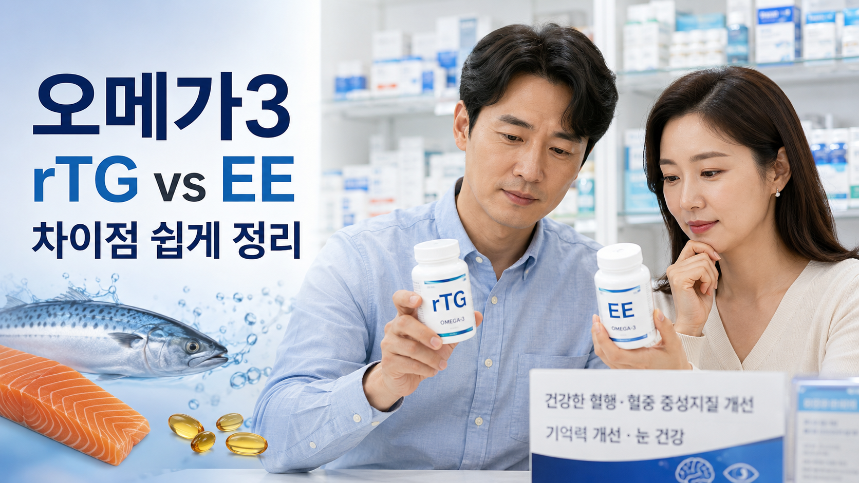 오메가3 rTG와 EE 형태 차이점을 비교하는 한국인 남녀 건강 정보 썸네일