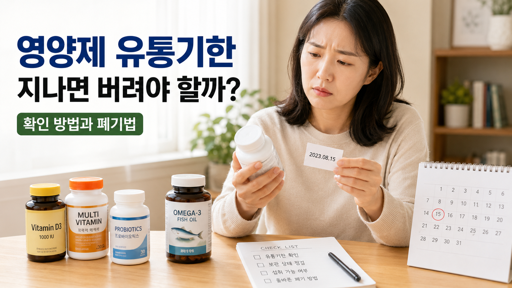 영양제 유통기한 확인 방법과 폐기법을 설명하는 한국인 여성 건강 정보 썸네일