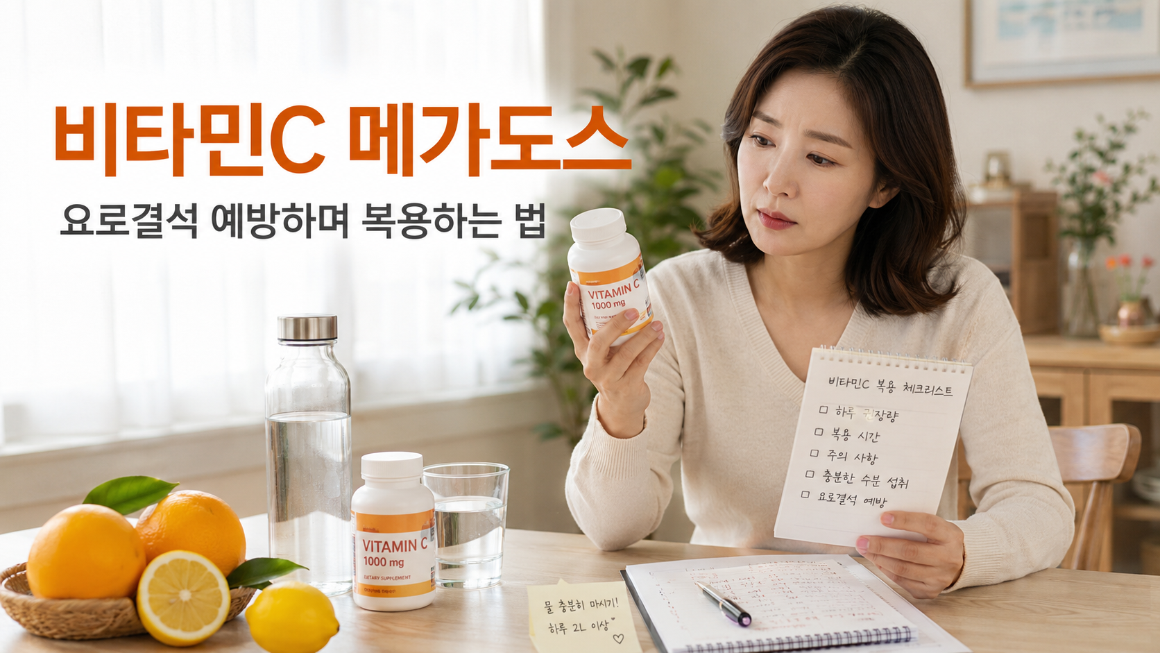 비타민C 메가도스와 요로결석 예방 복용법을 설명하는 건강 정보 썸네일