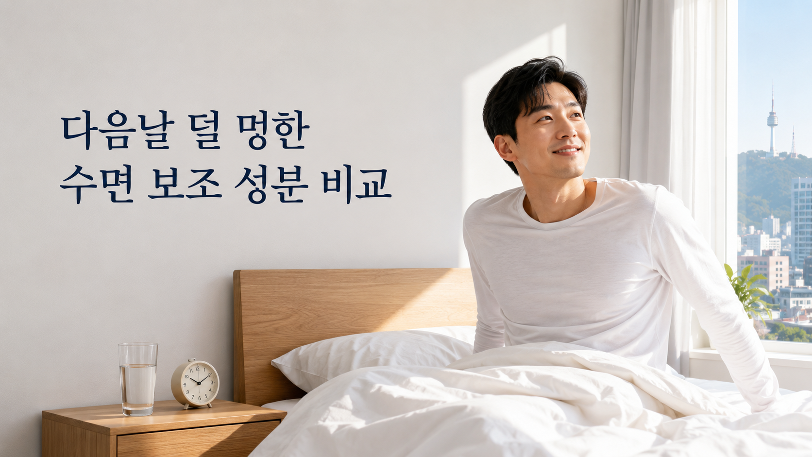 다음날 덜 멍한 수면 보조 성분 비교를 주제로 서울의 아침 침실에서 상쾌하게 일어나는 한국인 직장인