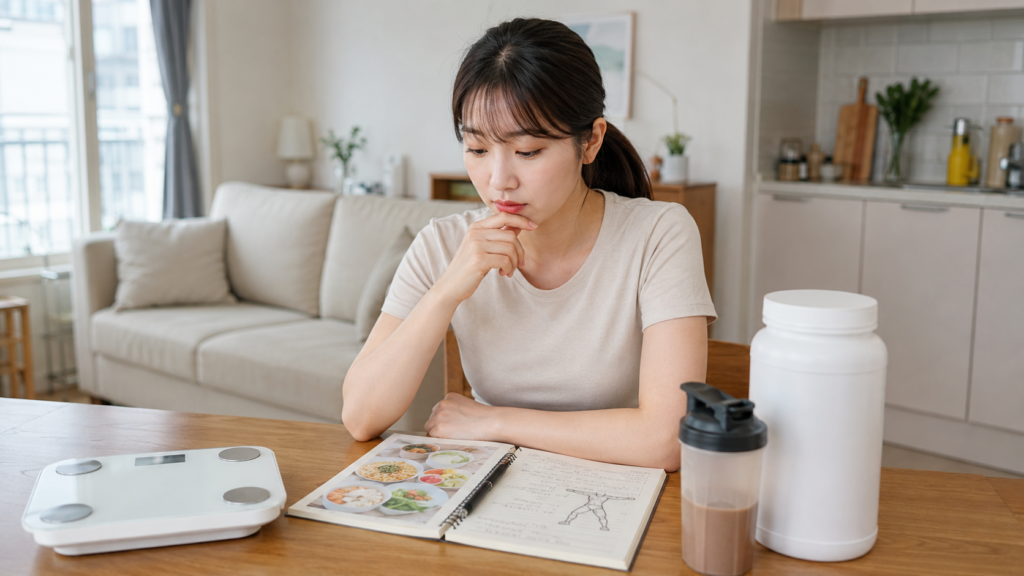 체중계와 식단 노트를 보며 근손실 방지 보충제를 고민하는 한국인 여성
