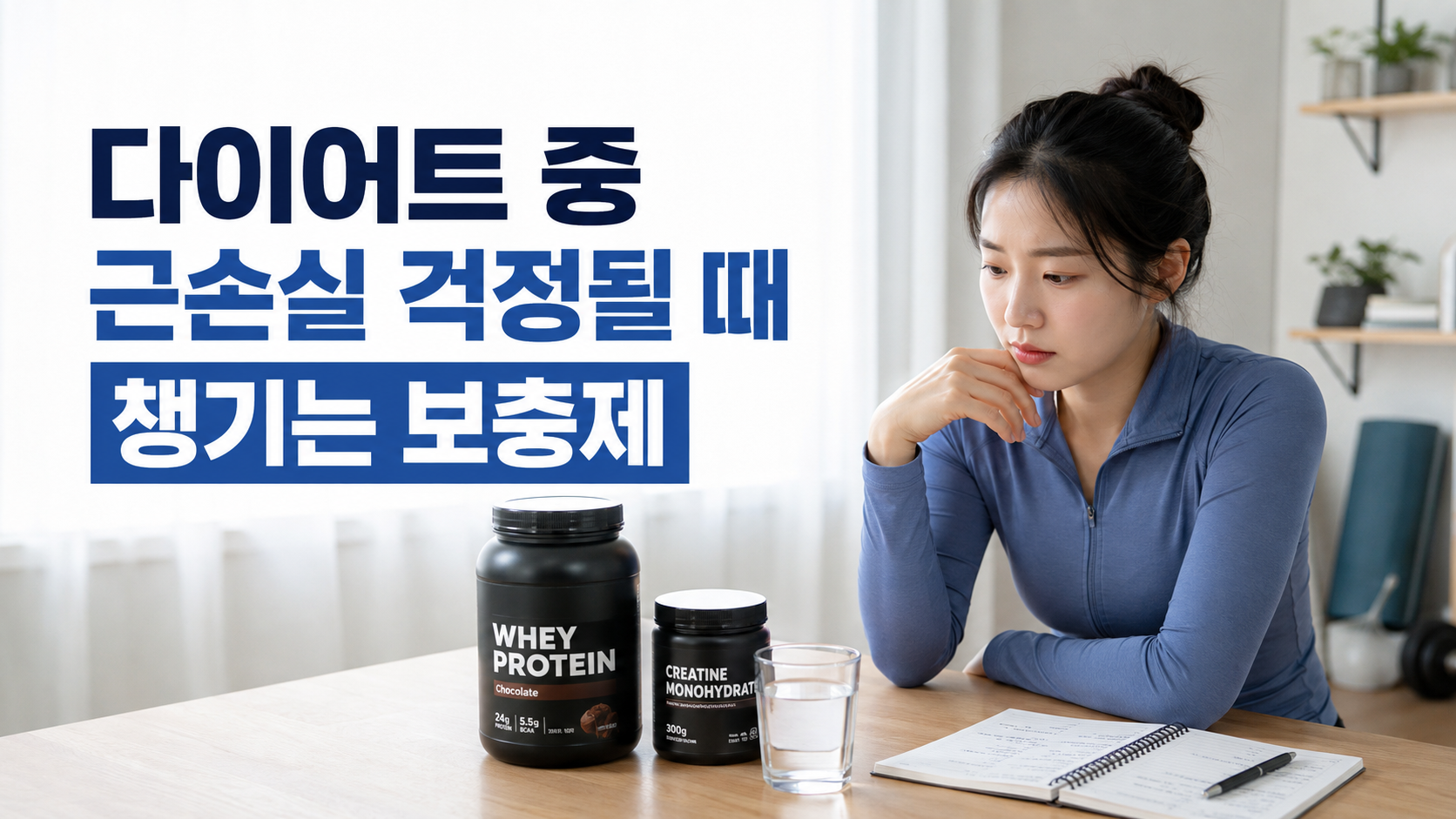 다이어트 중 근손실을 걱정하며 단백질과 크레아틴 보충제를 고민하는 한국인의 모습