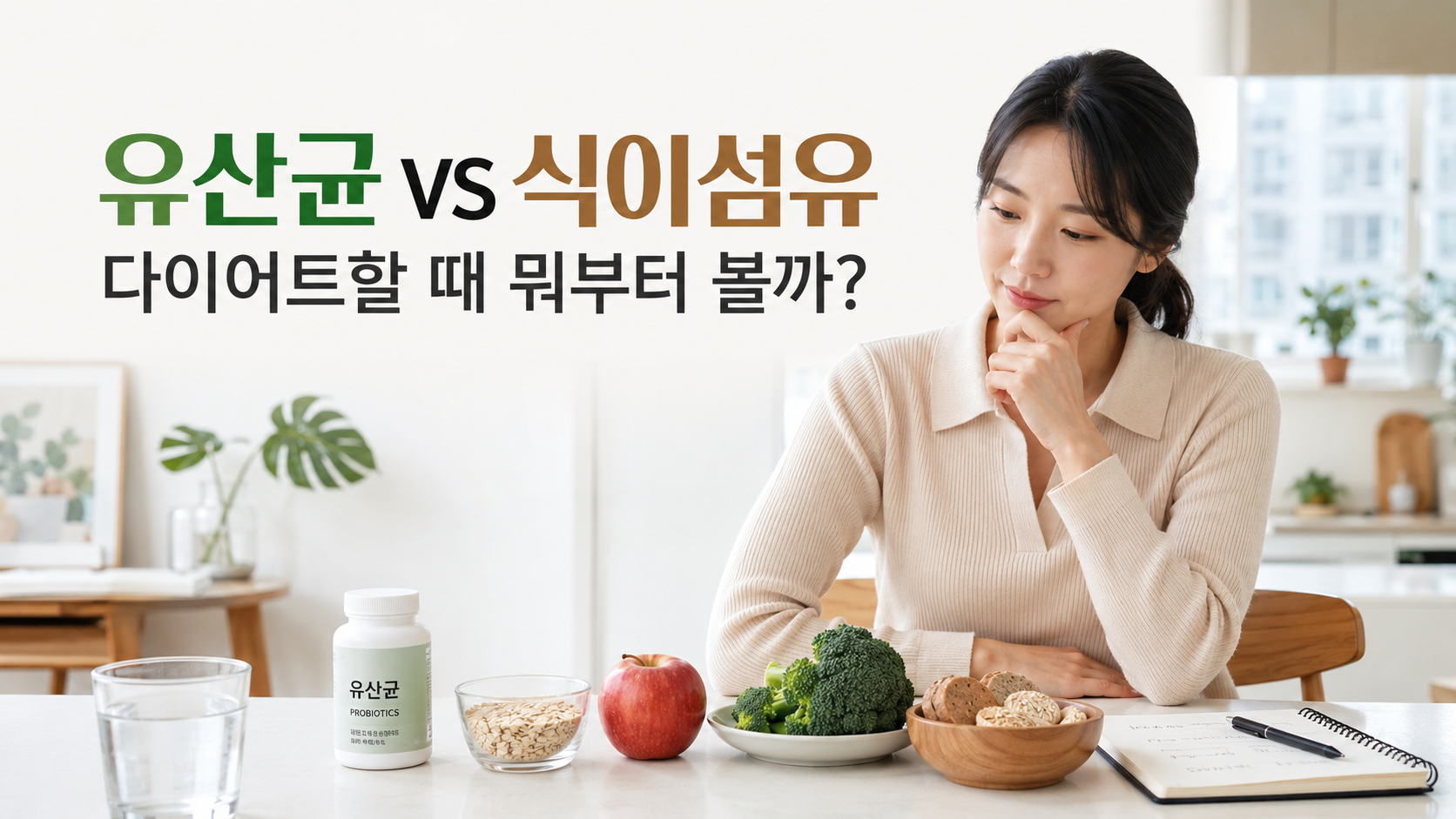 다이어트할 때 유산균과 식이섬유 중 무엇을 먼저 봐야 하는지 비교하는 한국인 직장인 썸네일 이미지