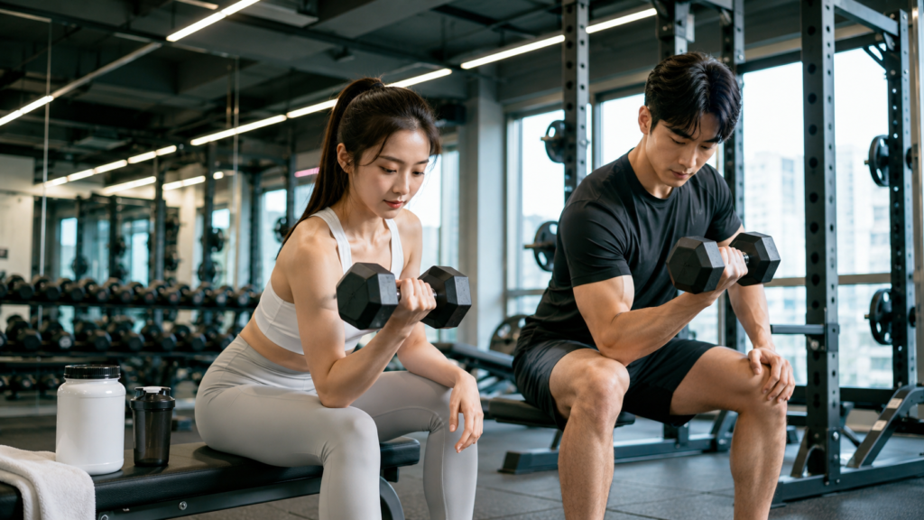 현대적인 헬스장에서 웨이트 트레이닝을 하는 한국인 남성과 여성의 모습