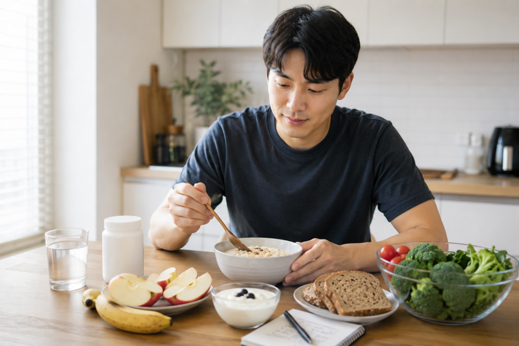 한국인 직장인이 가르시니아와 식이섬유 식품을 함께 두고 건강한 다이어트 루틴을 준비하는 모습