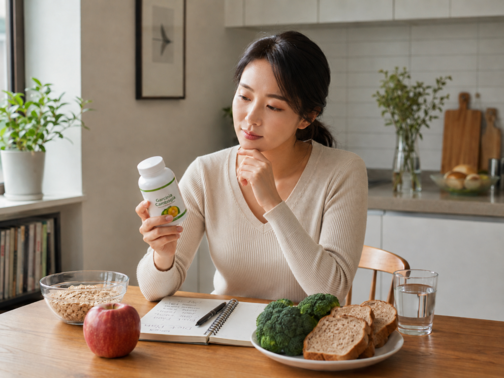 한국인 여성이 가르시니아와 식이섬유 식품을 함께 보며 다이어트 관련 이유를 확인하는 모습