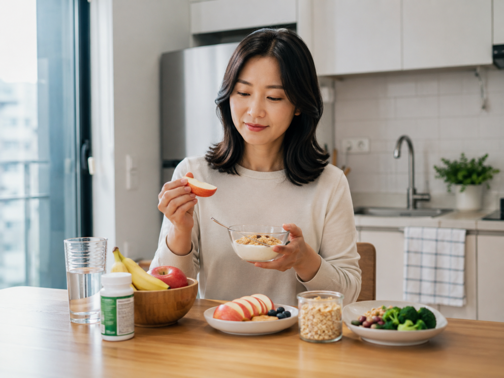 다이어트할 때 유산균 vs 식이섬유, 뭐부터 봐야 할까? 5분 만에 정리하는 현실 기준 3 한국인 직장인이 가벼운 식사와 함께 유산균과 식이섬유 식품을 준비하는 건강한 다이어트 루틴 모습