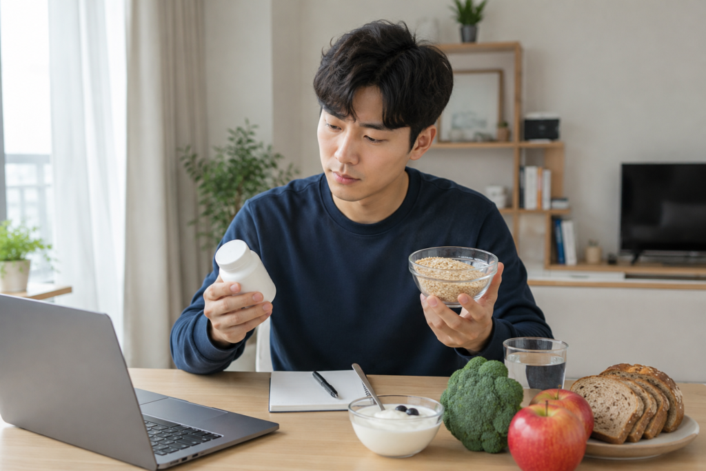 다이어트할 때 유산균 vs 식이섬유, 뭐부터 봐야 할까? 5분 만에 정리하는 현실 기준 4 한국인 남성이 유산균 제품과 식이섬유 식품을 비교하며 다이어트 기준을 살펴보는 모습