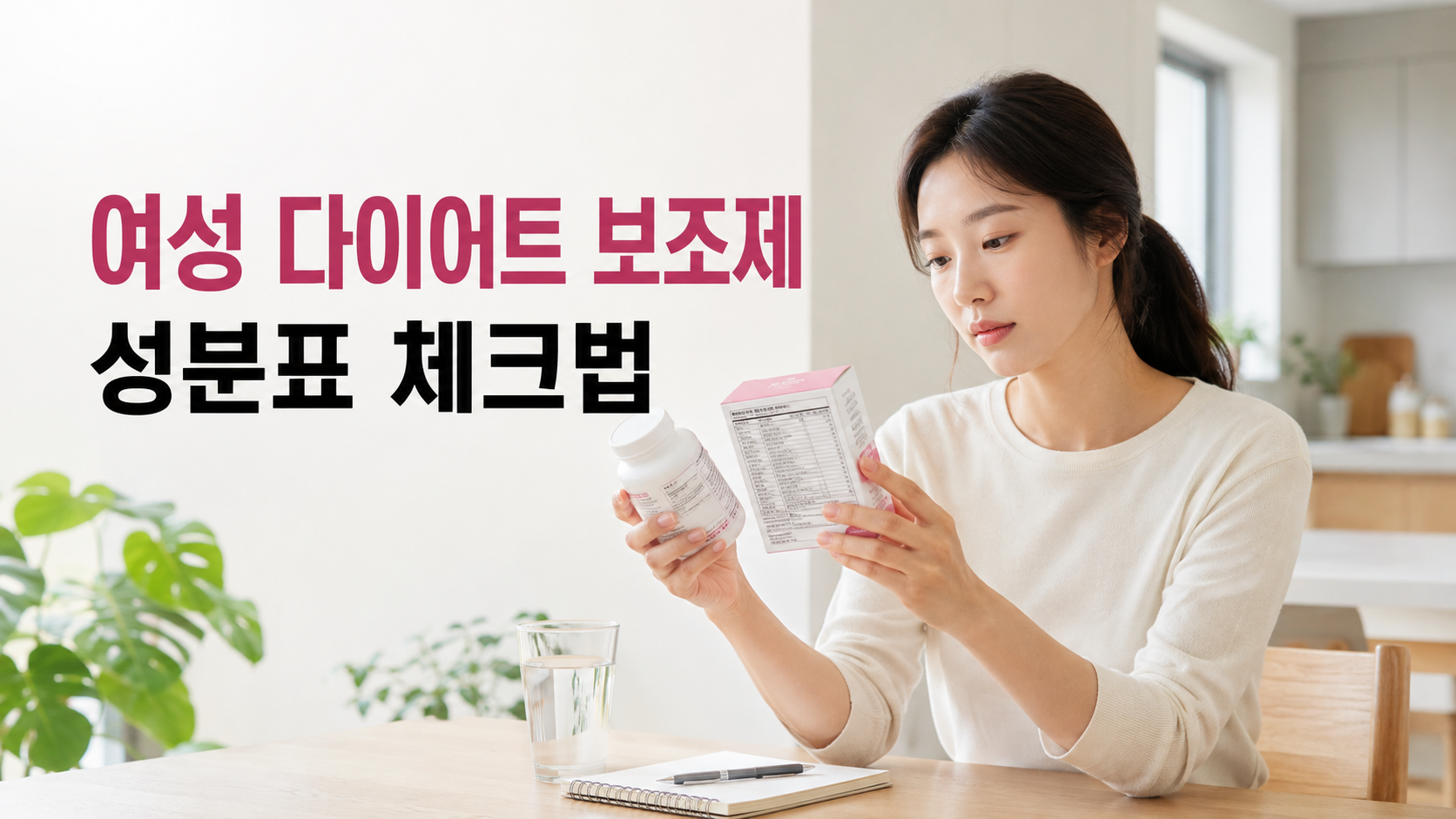 여성 다이어트 보조제 성분표를 확인하는 한국인 여성의 모습