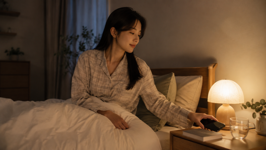 숙면을 위해 잠들기 전 스마트폰 사용을 줄이는 한국인 여성의 수면 습관