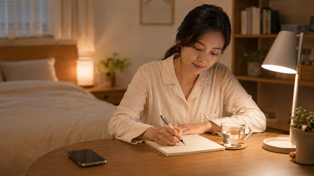 잠들기 전 스마트폰 대신 할 수 있는 수면 루틴 7가지: 밤이 편안해지는 현실적인 습관 정리 3 잠들기 전 종이 메모장에 걱정거리와 할 일을 적으며 수면 루틴을 실천하는 한국인 여성