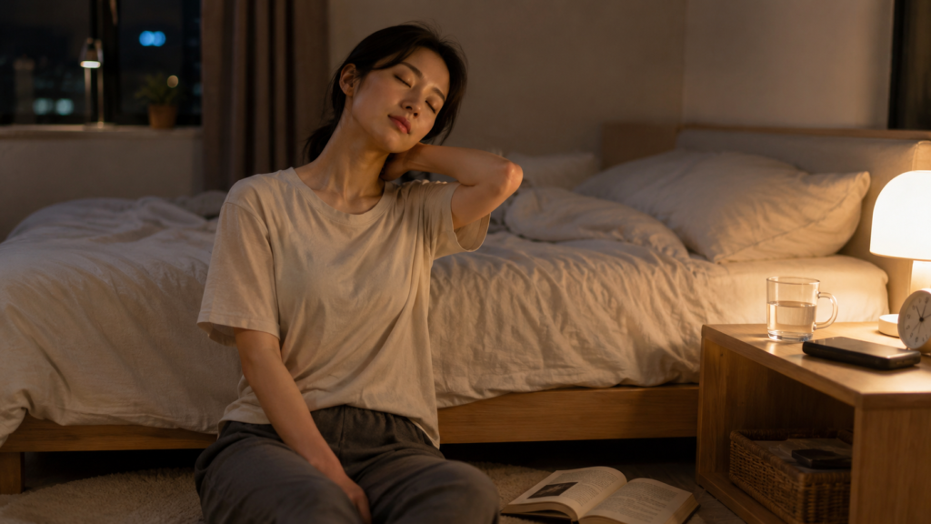 잠들기 전 스마트폰 대신 할 수 있는 수면 루틴 7가지: 밤이 편안해지는 현실적인 습관 정리 4 잠들기 전 가벼운 스트레칭으로 몸을 이완하며 수면 위생을 실천하는 한국인 여성