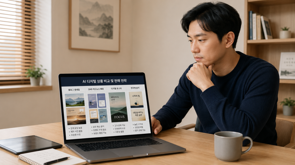 퇴근 후 1시간으로 시작한 AI 이미지 부업, 월세 만드는 파이프라인 구축법 7단계 4 AI 디지털 상품 판매 전략을 비교 분석하는 한국인 1인 창작자