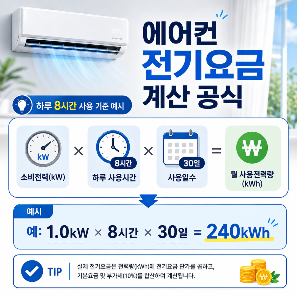 에어컨 전기요금 계산법 5단계: 하루 8시간 사용하면 한 달 얼마 나올까? 3 에어컨 전기요금 계산 공식과 하루 8시간 사용 예시를 보여주는 이미지