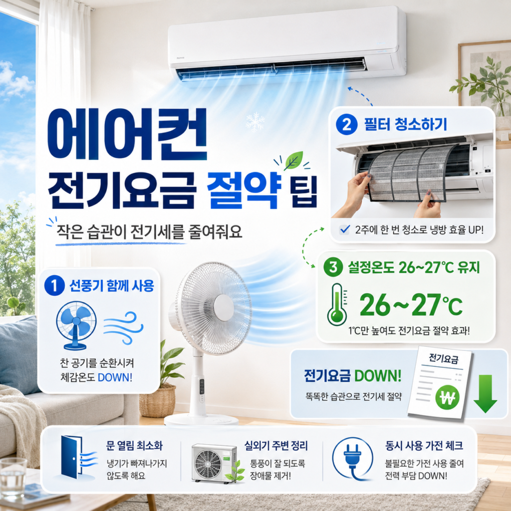 에어컨 전기요금 계산법 5단계: 하루 8시간 사용하면 한 달 얼마 나올까? 4 에어컨 전기요금을 줄이는 절약 팁을 정리한 이미지