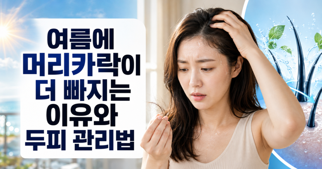 여름에 머리카락이 더 빠지는 이유와 두피 관리법을 보여주는 블로그 썸네일 이미지