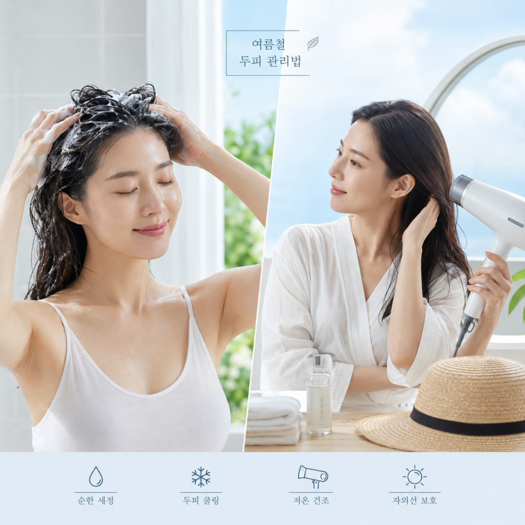 여름철 올바른 샴푸와 두피 건조 방법 등 두피 관리법을 보여주는 이미지