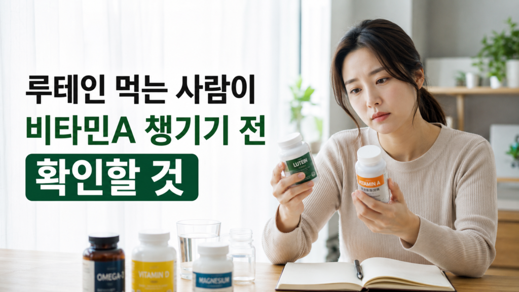 루테인을 먹는 사람이 비타민A를 추가로 챙기기 전 성분을 확인하는 한국인 여성