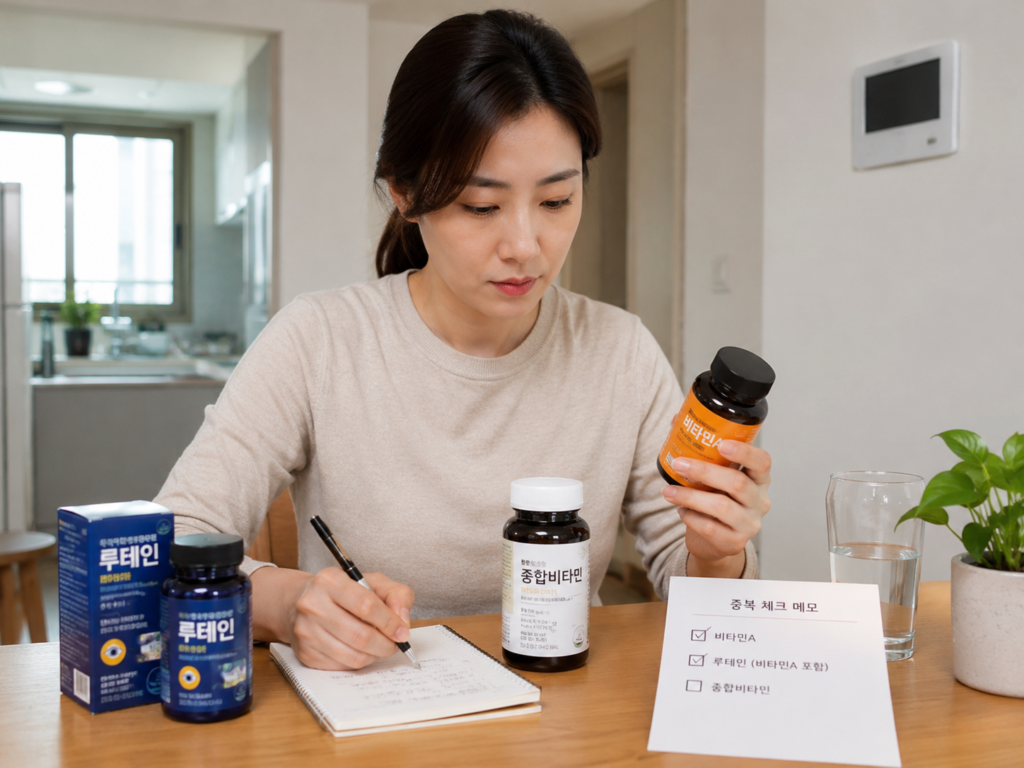 루테인과 종합비타민, 비타민A 제품을 비교하며 중복 섭취를 점검하는 한국인 여성