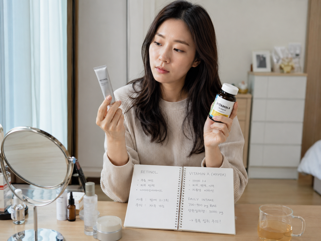 레티놀 화장품 쓰는데 비타민A 영양제까지 먹어도 될까? 제가 먼저 확인한 7가지 3 레티놀 화장품과 비타민A 영양제의 중복 여부를 비교하는 한국인 여성