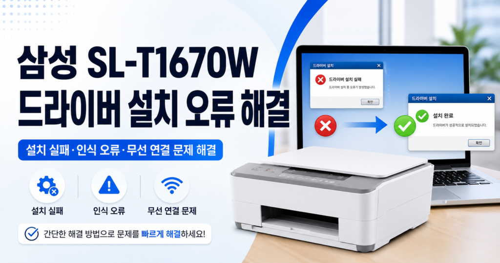 삼성 SL-T1670W 드라이버 설치 오류 해결: 5분 만에 끝내는 가장 확실한 방법 2 삼성 SL-T1670W 드라이버 설치 오류 해결 방법을 설명하는 블로그 썸네일