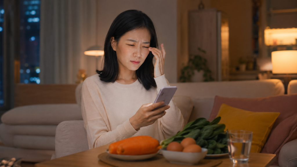 눈이 침침할 때 비타민A 부족을 의심해도 될까? 꼭 알아야 할 5가지 기준 3 Korean woman experiencing blurry vision at night with vitamin A rich foods nearby