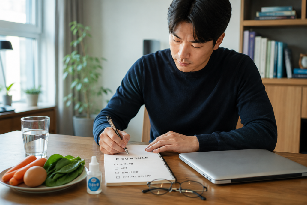 눈이 침침할 때 비타민A 부족을 의심해도 될까? 꼭 알아야 할 5가지 기준 4 Korean man checking eye health symptoms and vitamin A related habits in a home office