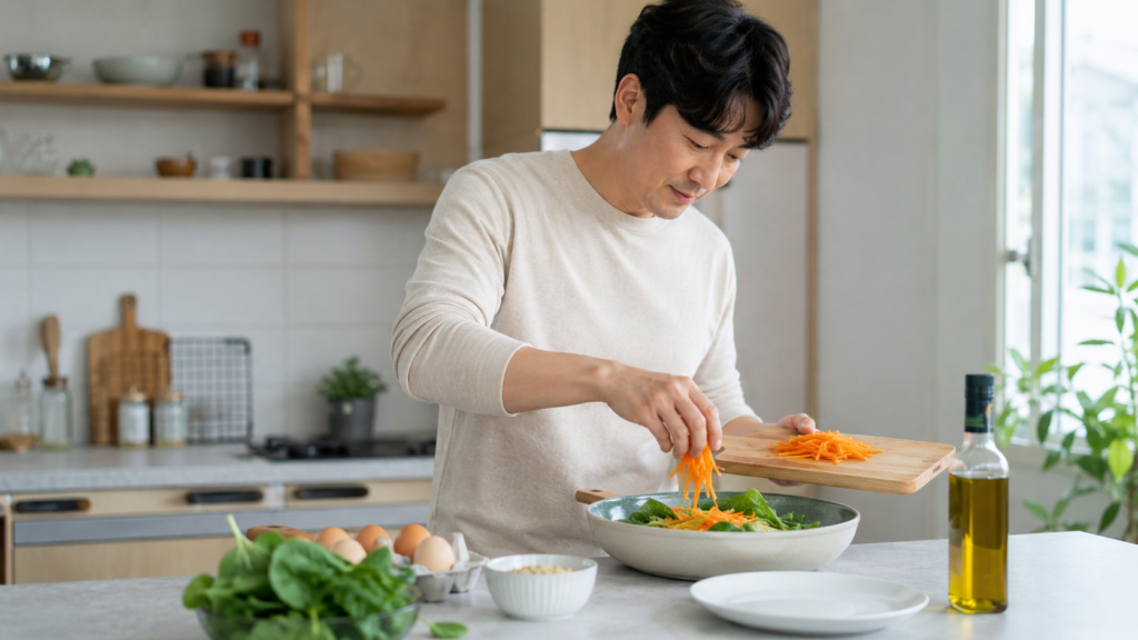 당근 달걀 시금치로 비타민A 식단을 준비하는 한국인 남성
