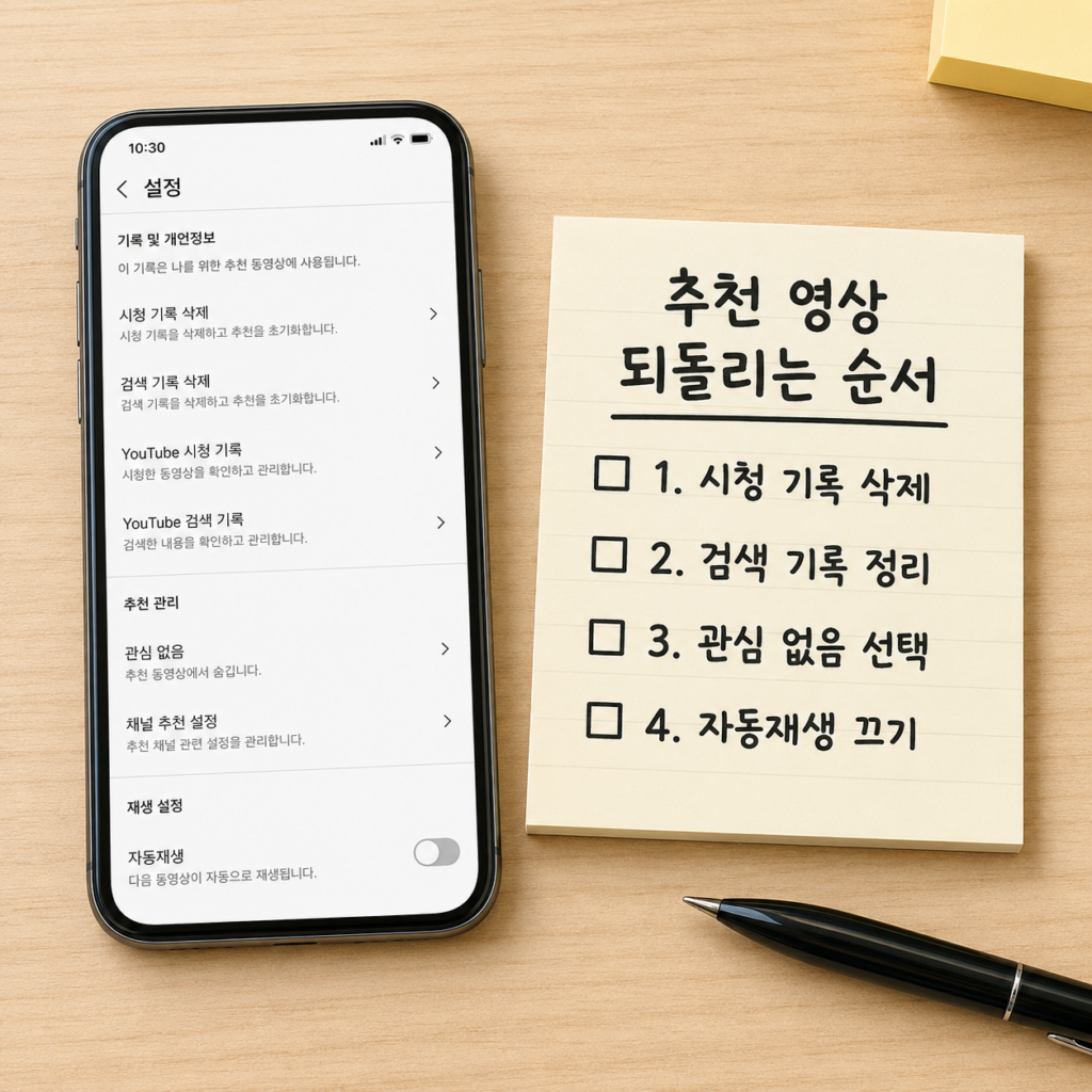 유튜브 추천 영상을 다시 맞추기 위한 단계별 체크리스트 이미지