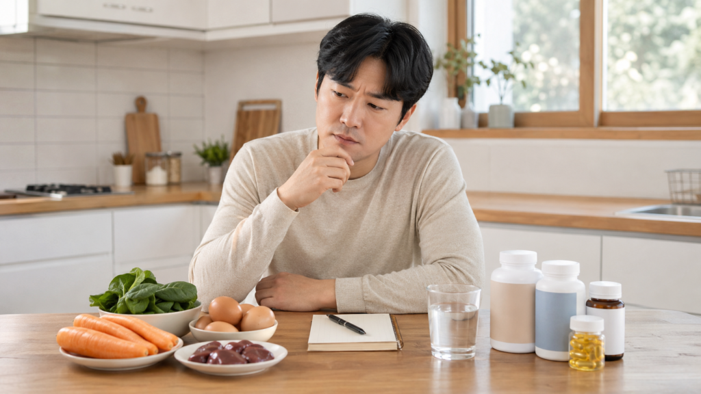 비타민A가 많은 음식과 영양제의 중복 섭취를 고민하는 한국인 남성