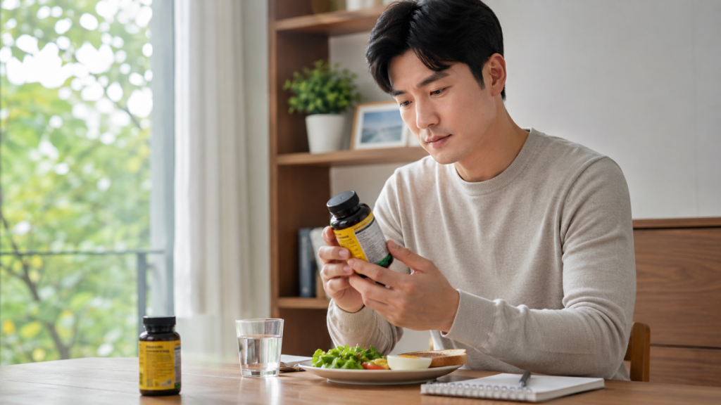 비타민B 먹고 소변이 노랗게 변했다면? 저도 처음엔 놀랐는데, 대부분 괜찮았어요 3 아침 식탁에서 비타민B 영양제 성분표를 확인하는 한국인 직장인