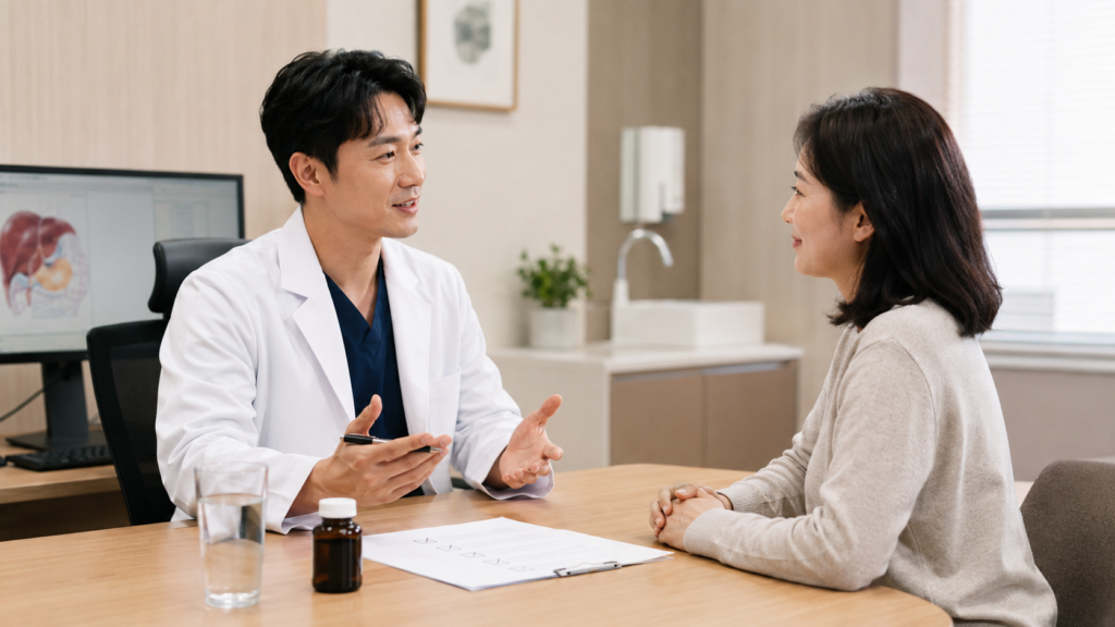 비타민B 먹고 소변이 노랗게 변했다면? 저도 처음엔 놀랐는데, 대부분 괜찮았어요 4 비타민B 복용 후 소변 색 변화에 대해 한국인 의사와 상담하는 환자