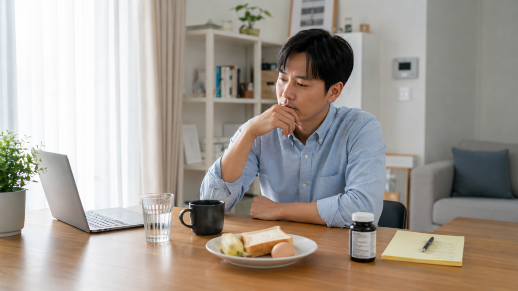 아침 식탁에서 커피와 간단한 식사를 앞에 두고 식사 패턴을 고민하는 한국인 직장인